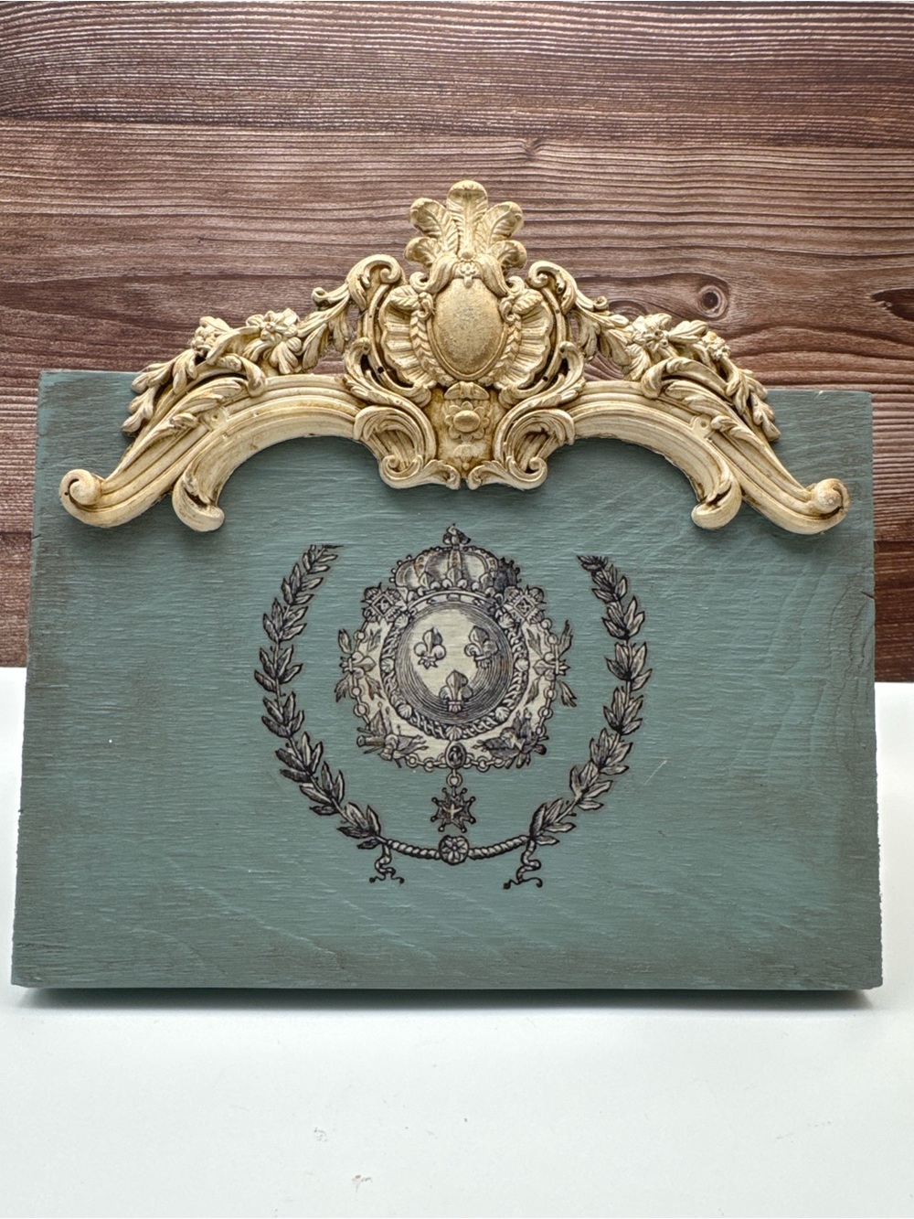 Ornate Gold Crest Wall Decor with Sage Green Panel - Brand